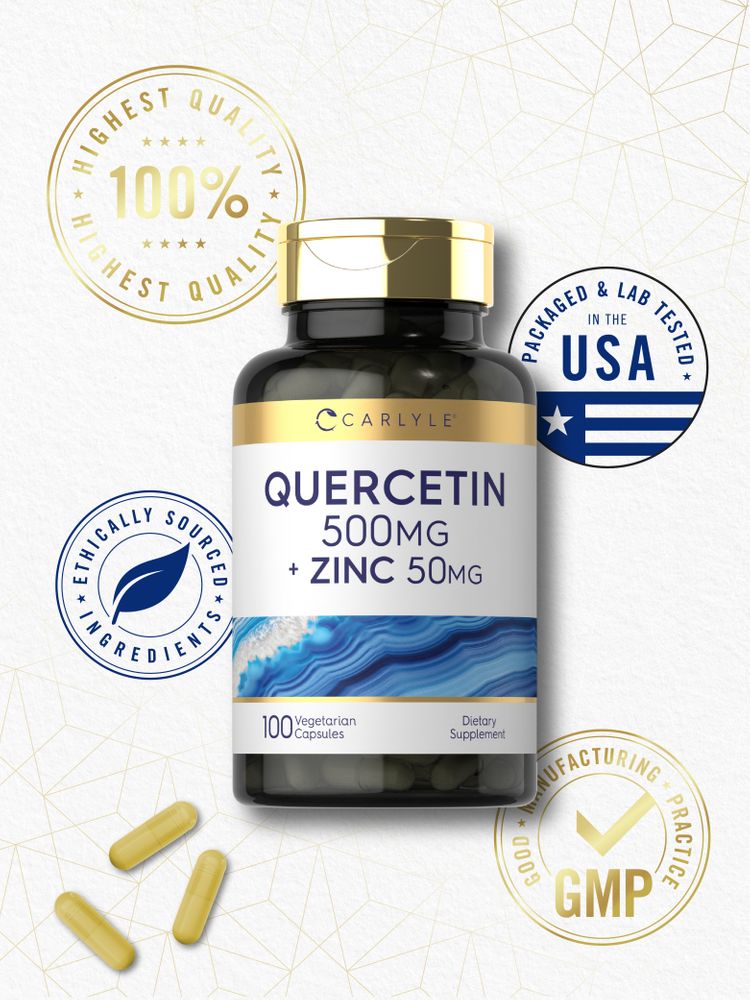 Three yellow vegetarian capsules containing Quercetin 500mg and Zinc 50mg are shown.