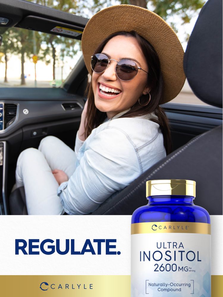 Smiling woman in a convertible with sunglasses beside a Carlyle Ultra Inositol 2600MG bottle. Text reads 'REGULATE.'