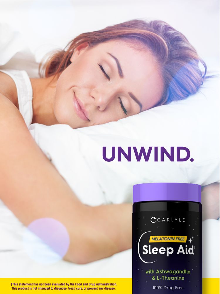 A young woman sleeps peacefully next to a bottle of Carlyle Melatonin Free Sleep Aid.