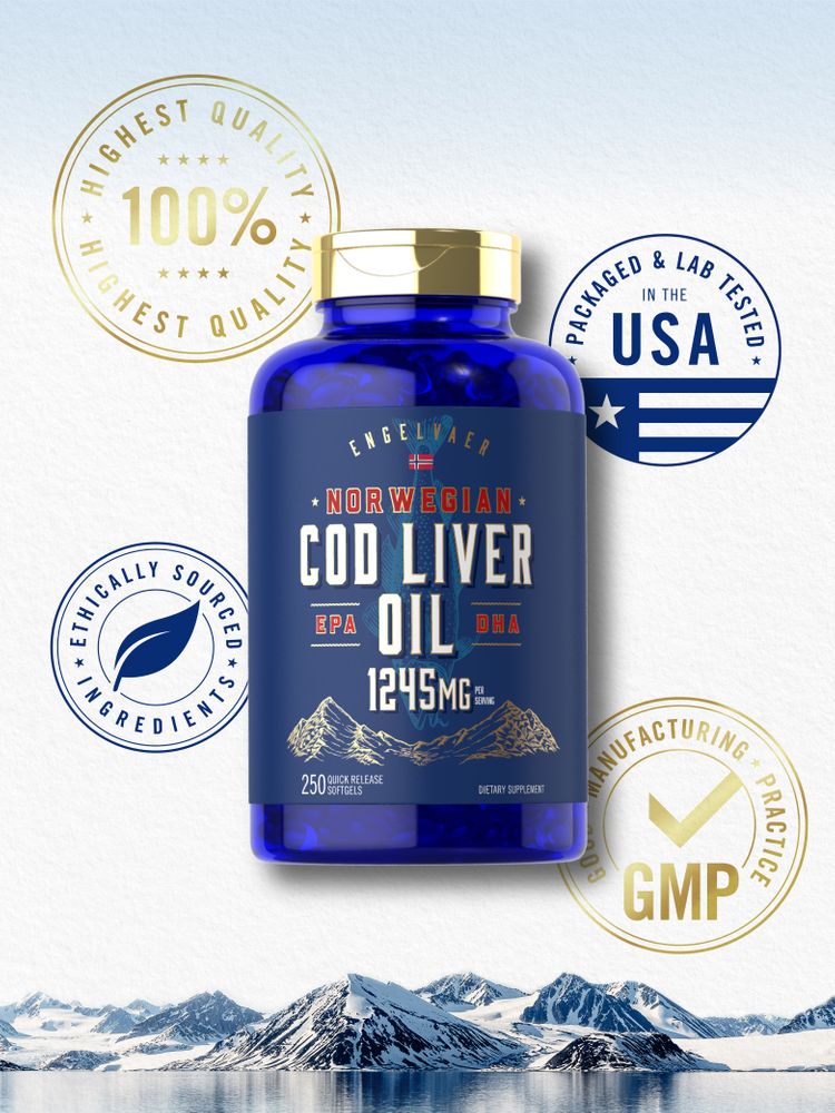 Hand holding a bulk bottle of Cod Liver Oil 1245mg with 250 quick release softgels, highlighting supplement details.