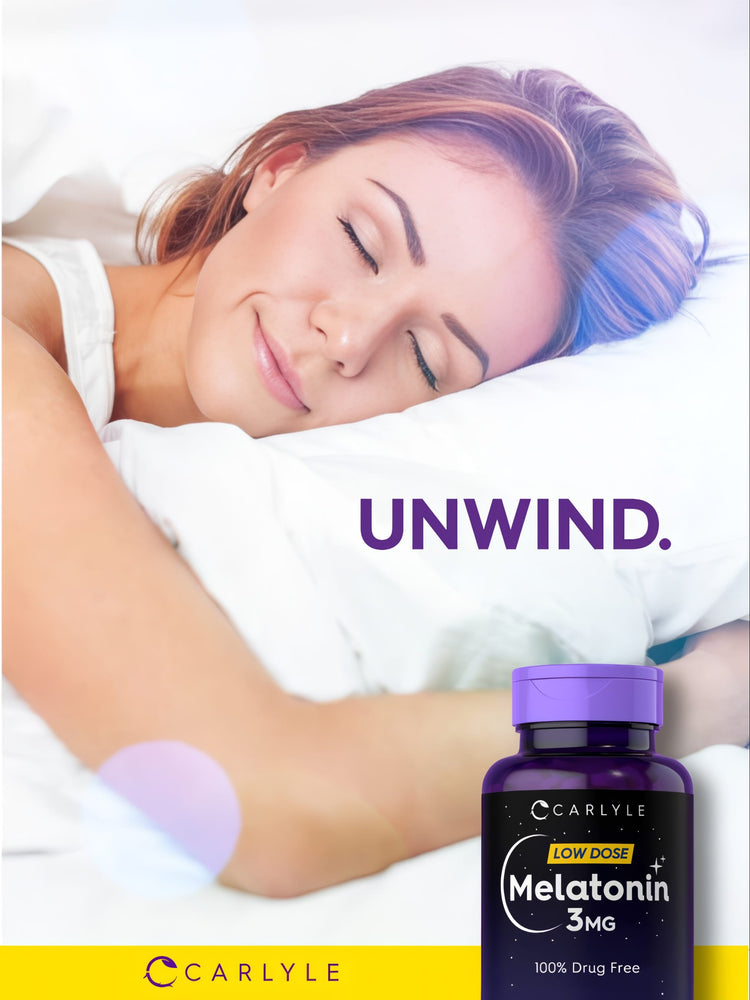 A bottle containing 300 tablets of Melatonin 3 mg, designed for sleep support and relaxation.