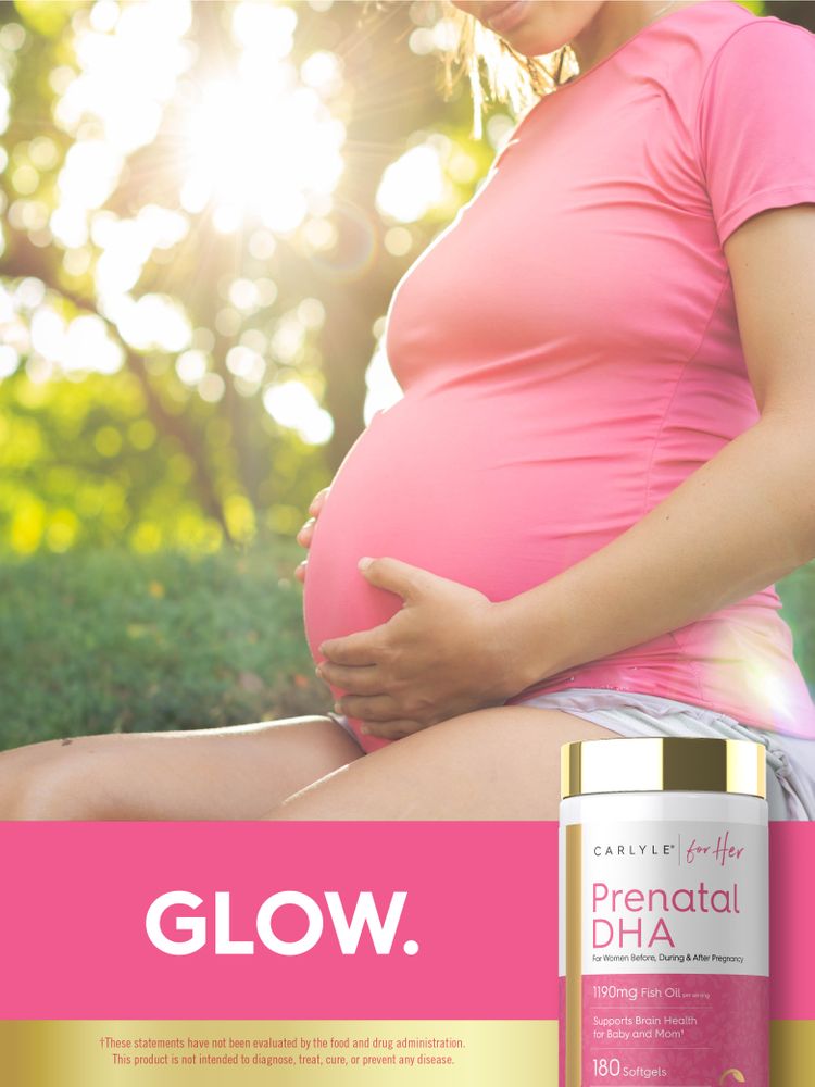 Prenatal DHA 180 softgel contains 1190mg of fish oil, shown on a hand for scale.