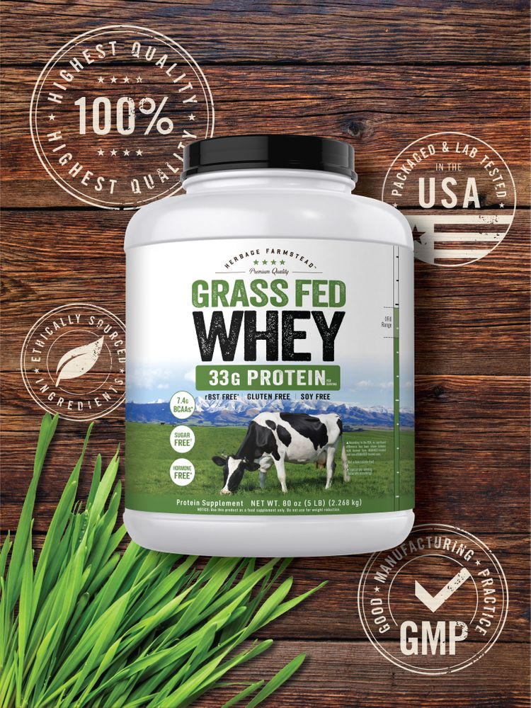 White tub of Carlyle Grass Fed Whey Protein Supplement, Net Weight 80 oz (5 lb) (2.268 kg).