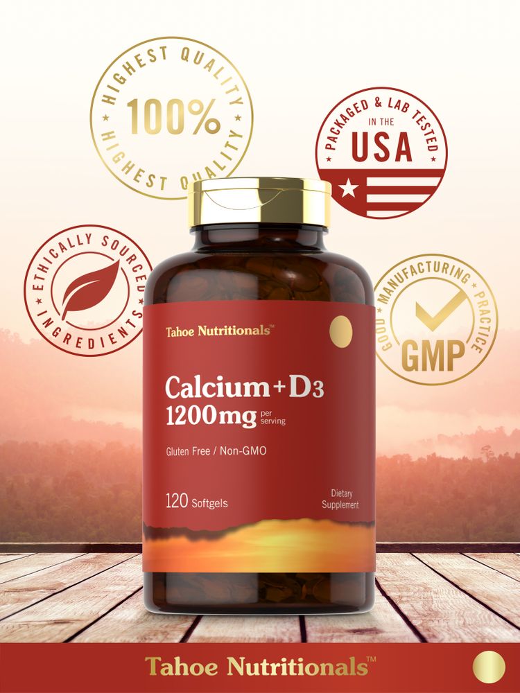 Tahoe Nutritionals Calcium + D3 1200mg with 120 softgels shown on a bulk scale in hand.