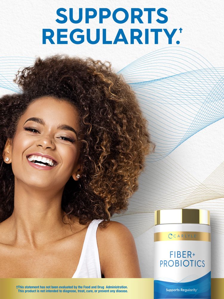 A young woman smiles next to a bottle of Carlyle Fiber + Probiotics.