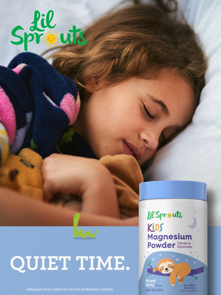 A young girl sleeps soundly in bed, holding a stuffed animal with a Lil' Sprout Kids Magnesium Powder container nearby.