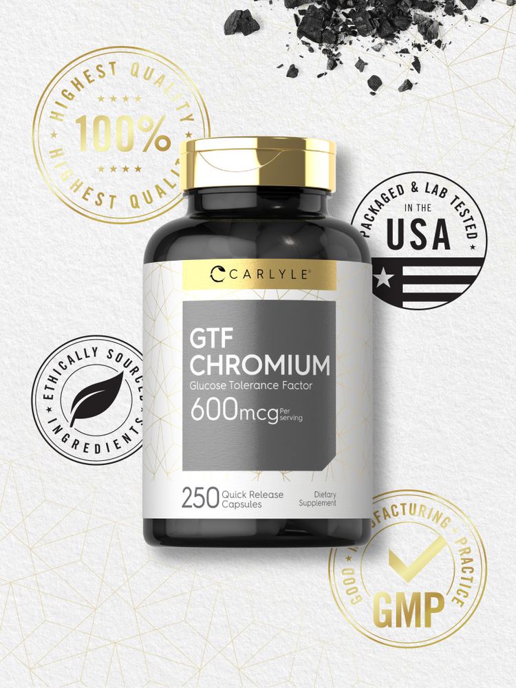 Carlyle GTF Chromium: 250 quick release capsules with 600mcg per serving shown on hand for scale.