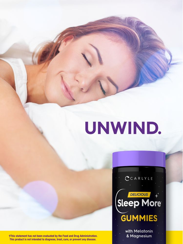 A young woman sleeps peacefully in bed next to a bottle of Sleep More Gummies on the nightstand.