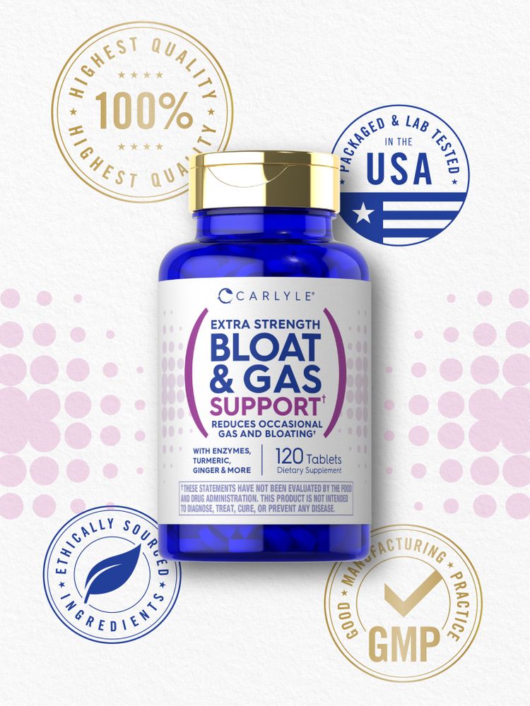 120 Tablets of Bloat & Gas Support are displayed on a scale held by a hand, showcasing the product's bulk bottle.