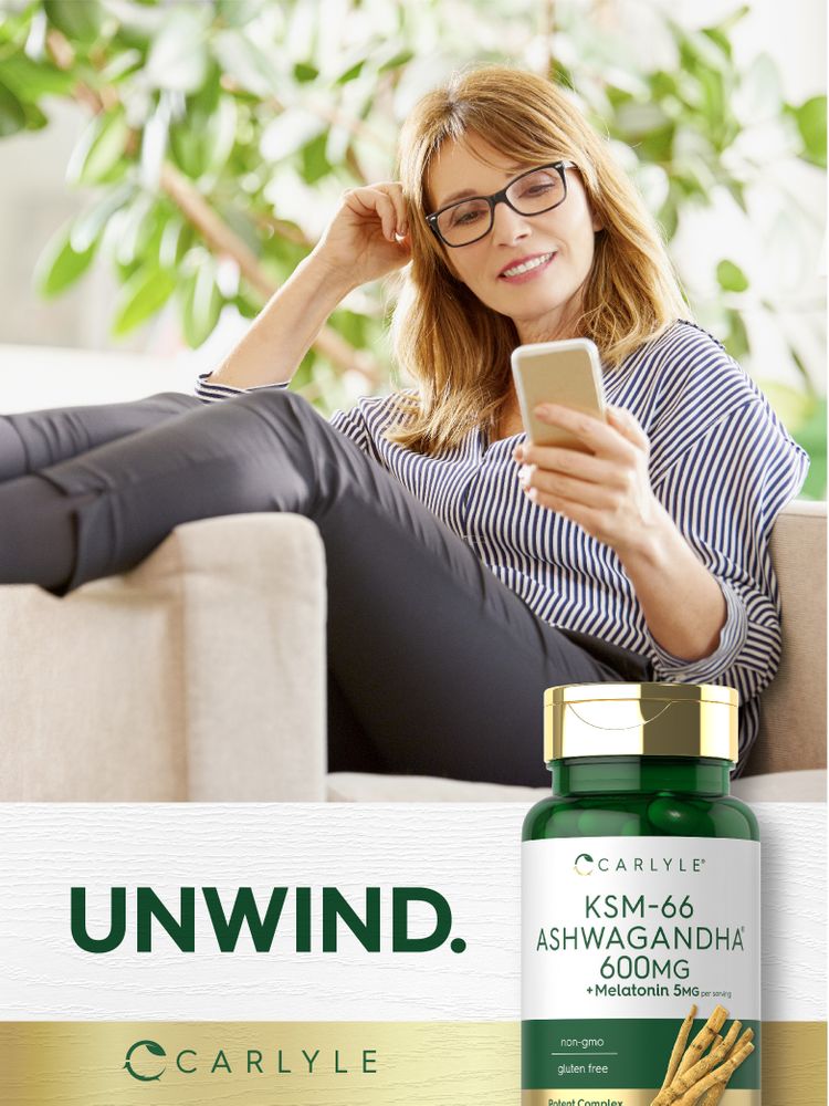 Green capsules of KSM-66 Ashwagandha 600MG with Melatonin 5MG per serving on a hand scale image.