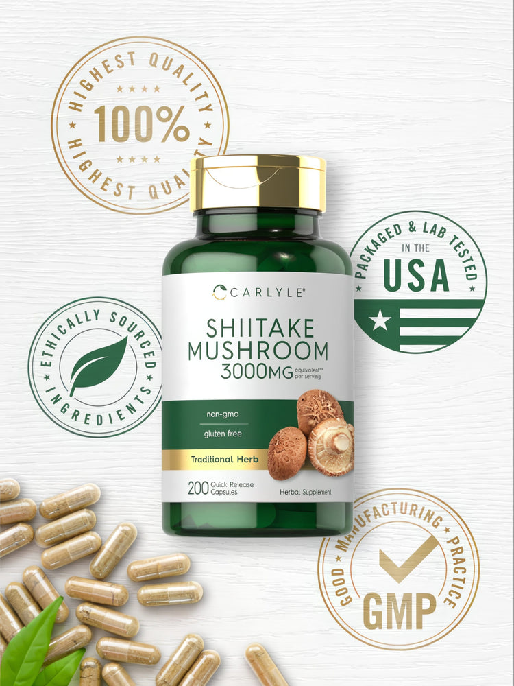 A hand holding 200 Shiitake Mushroom 3000 mg quick release capsules on a scale. Perfect for health supplements and easy dosage.