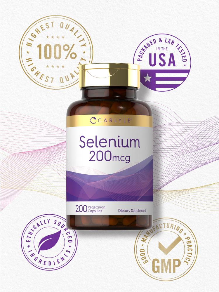 A bottle labeled Selenium 200mcg containing 200 vegetarian capsules, shown on a clear hand scale for precise measurement.