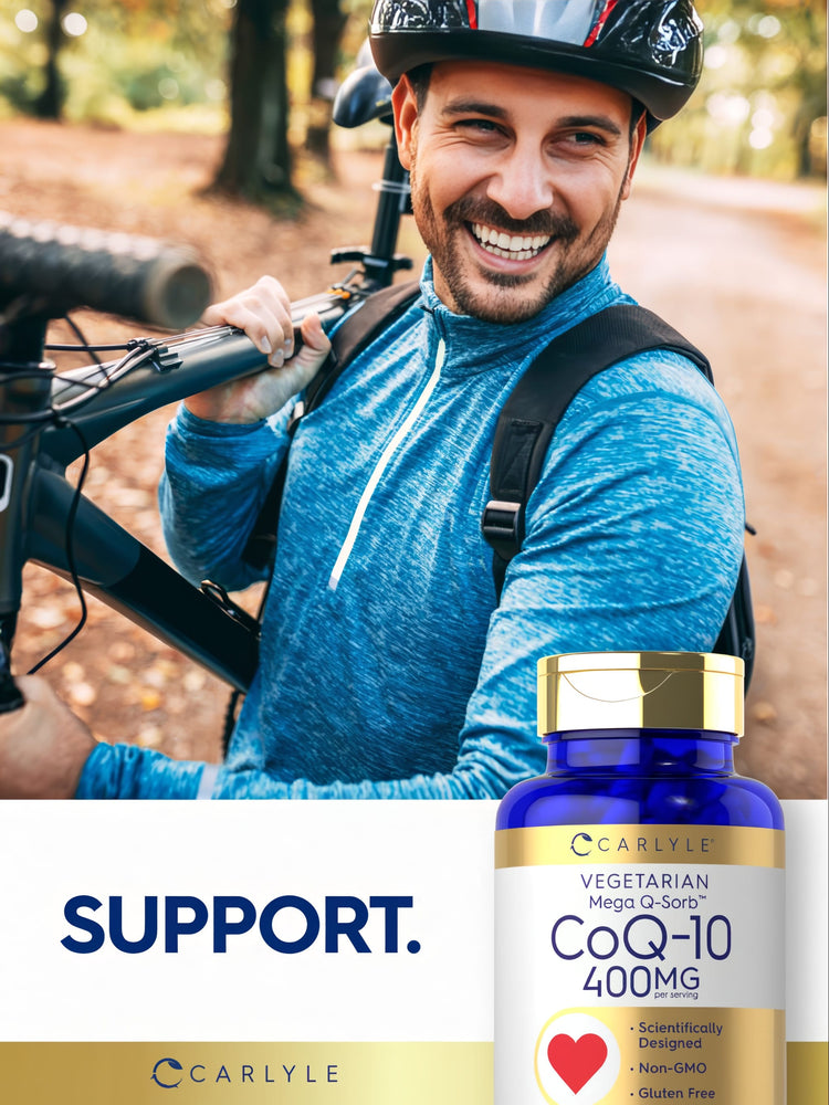 A helmeted man carries a bicycle alongside a Carlyle CoQ-10 bottle.