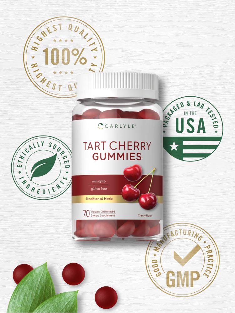 CL Carlyle Tart Cherry 70 Vegan Gummies bottle with loose red gummies and green cherry leaves visible.