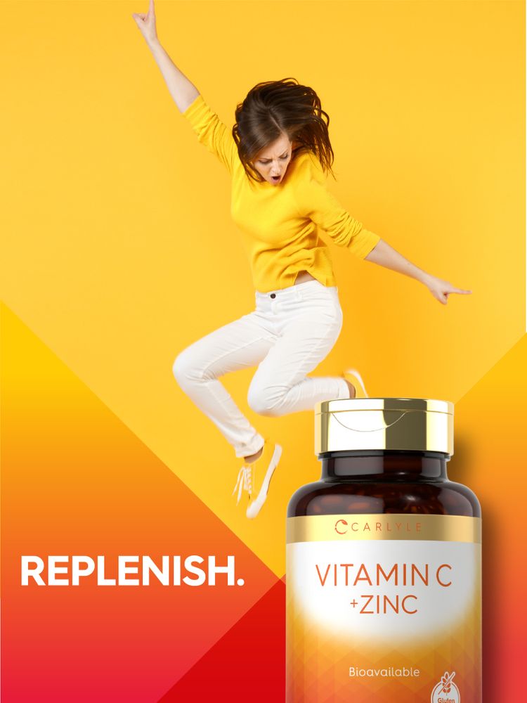 Carlyle Vitamin C plus Zinc bottle with 250 softgels is pictured in hand for scale.
