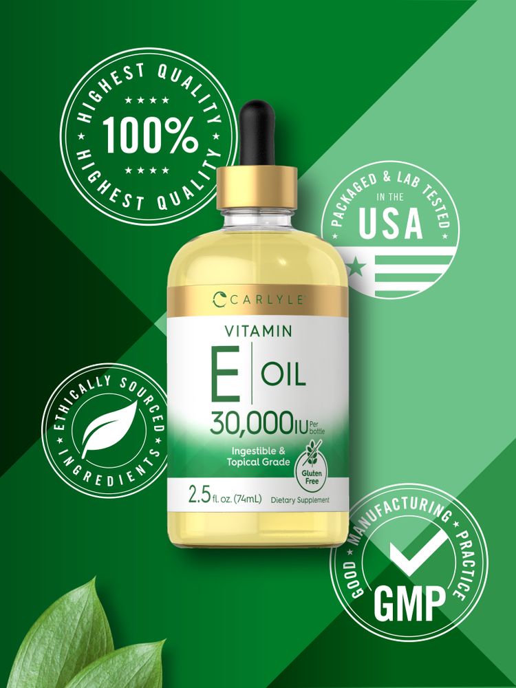 Bottle of Carlyle Vitamin E Oil, 30,000 IU, 2.5 fl oz (74mL), suitable for ingestion or topical use as a dietary supplement.