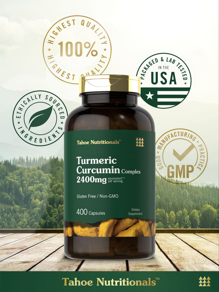 Tahoe Nutritionals Turmeric Curcumin Complex, 400 capsules, 2400mg equivalent per serving on hand scale.