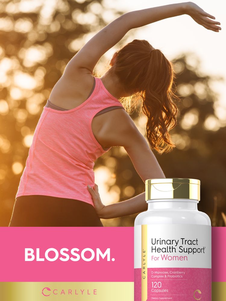 Woman stretching outdoors with a bottle of Urinary Tract Health Support for Women, boosting wellness.
