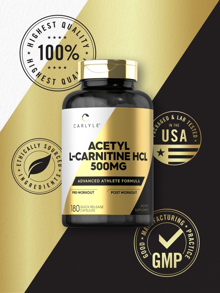 Carlyle Acetyl-L Carnitine HCl 500mg in a bottle of 180 quick release capsules, displayed on a hand scale.