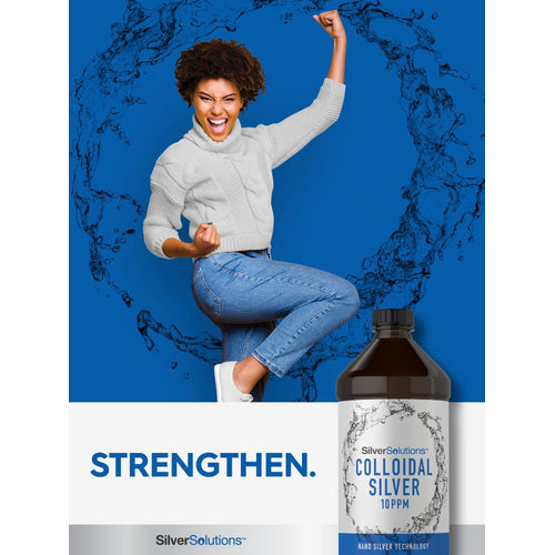 View 6 A young woman cheers next to a bottle of Colloidal Silver Liquid 10 PPM with the text 'STRENGTHEN' displayed.