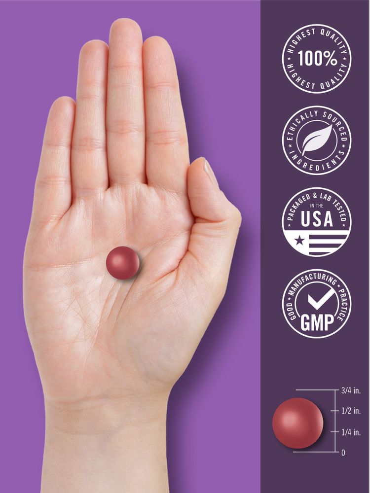 A red gummy, 1/2 inch in diameter, is held in an open hand, illustrating size and texture.
