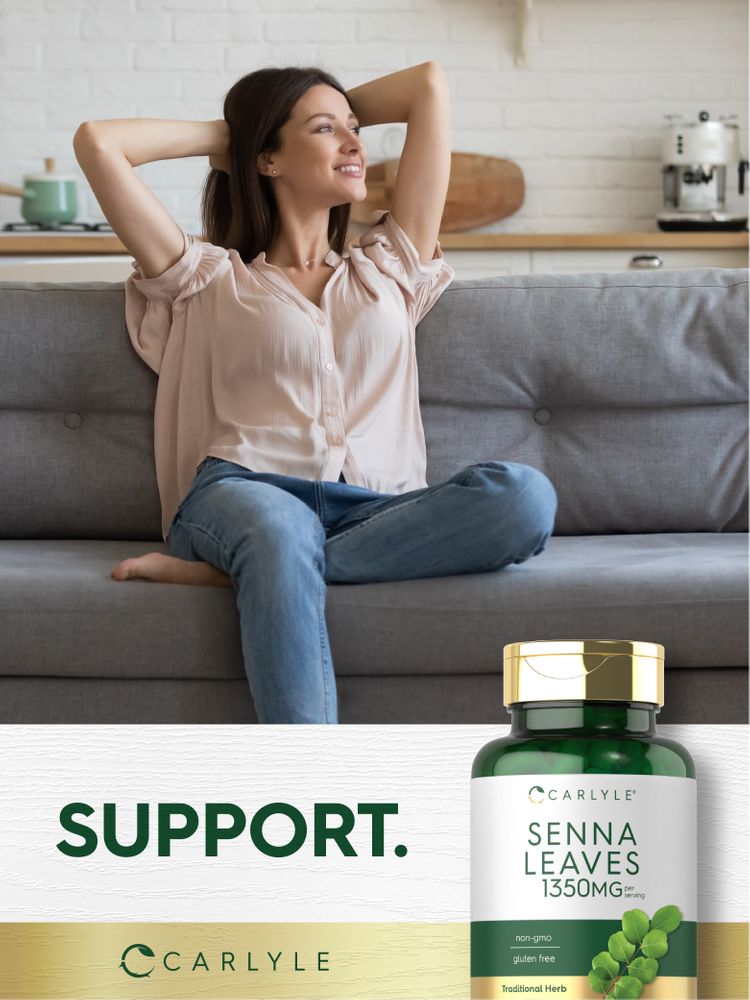 Young woman relaxing on a couch with a Senna Leaves bottle nearby.