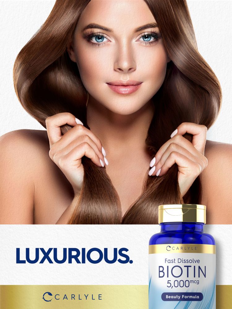 Carlyle Biotin Fast Dissolve Tablets, 5000mcg, 250 count, shown on a hand scale for bulk measurement.