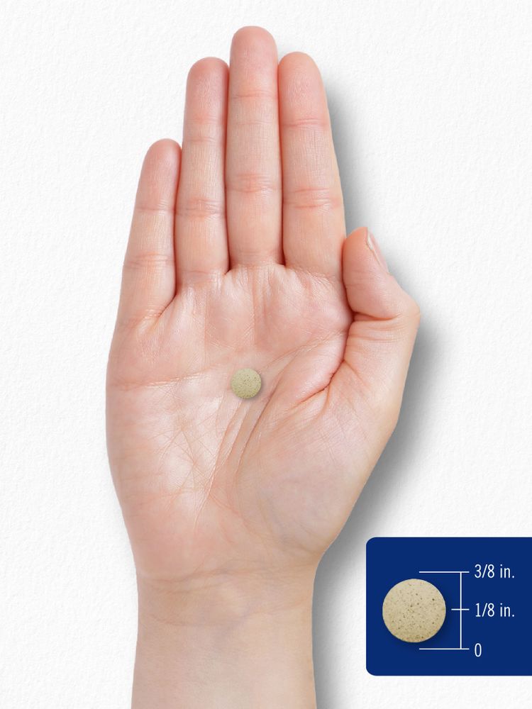 The tablet is measured to be 3/8 inch in diameter and 1/8 inch in thickness.
