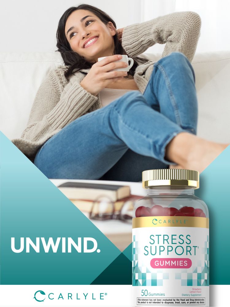 Young woman relaxes on a couch with a mug and a bottle of Carlyle Stress Support Gummies nearby.
