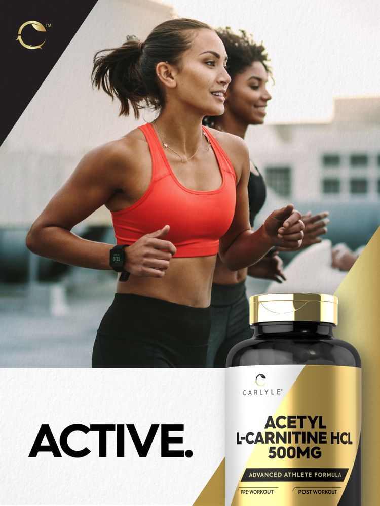 A hand holding Carlyle Acetyl L-Carnitine HCL 500MG bottle, measured on a scale. Dietary supplement for energy and brain support.