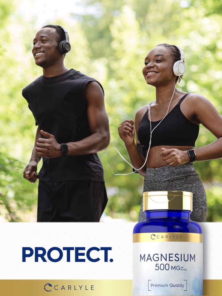 Young man and woman jogging outdoors, smiling, with a Carlyle Magnesium bottle prominently in the foreground.