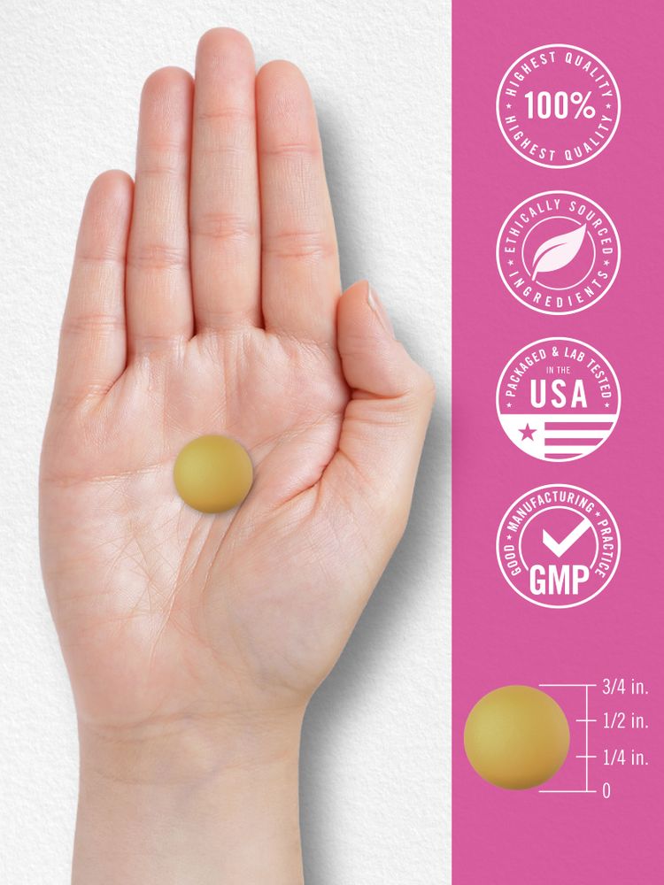 A golden-yellow gummy, held in a hand, is 1/2 inch in diameter.
