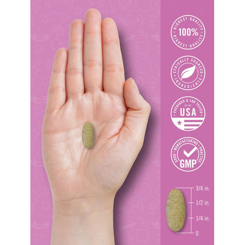View 7 A Teen Girl Multivitamin tablet is shown held in a hand, measuring 3/4 inch long.