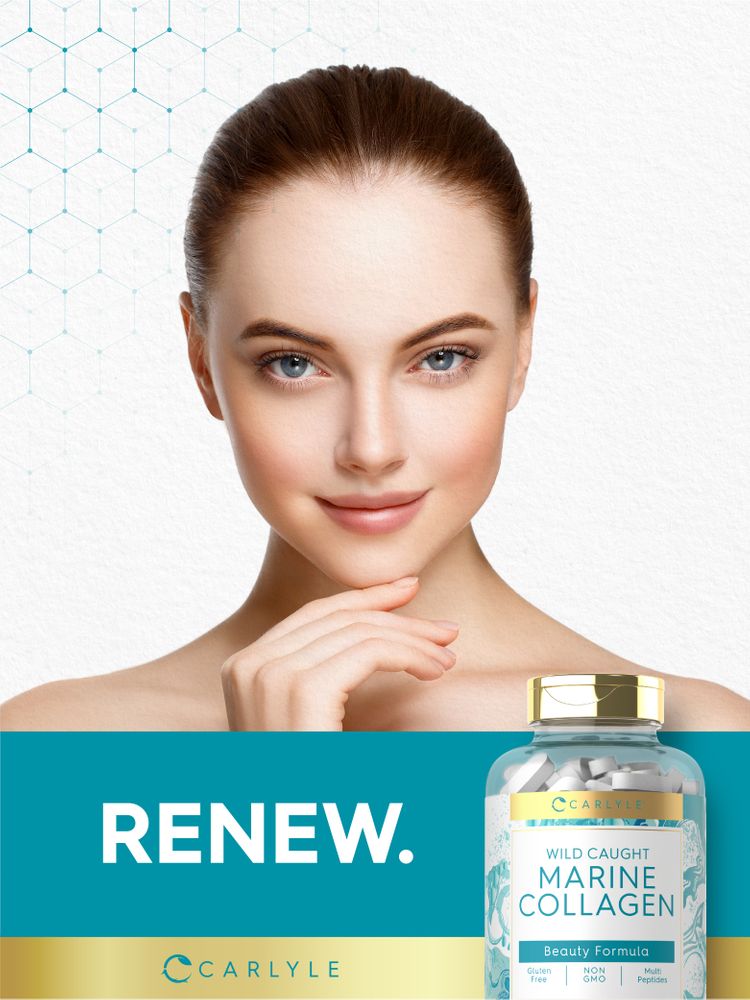 Carlyle Marine Collagen 250 Coated Caplets are shown inside a transparent bottle.