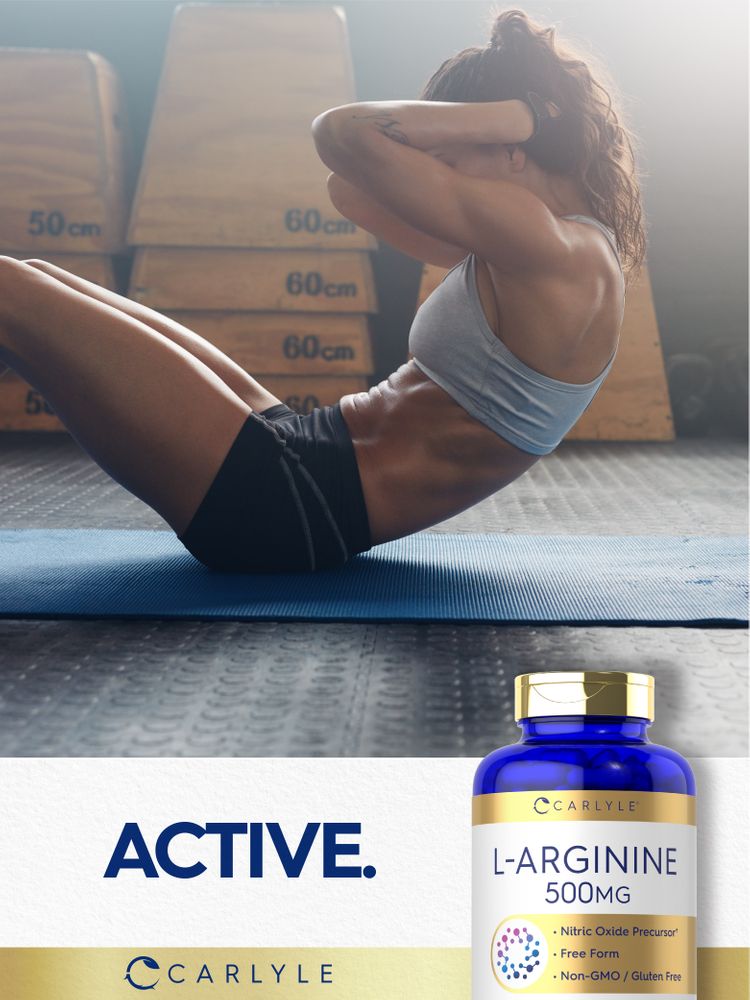 An adult woman does crunches near a Carlyle L-Arginine bottle with the word 'ACTIVE.' printed beside her.