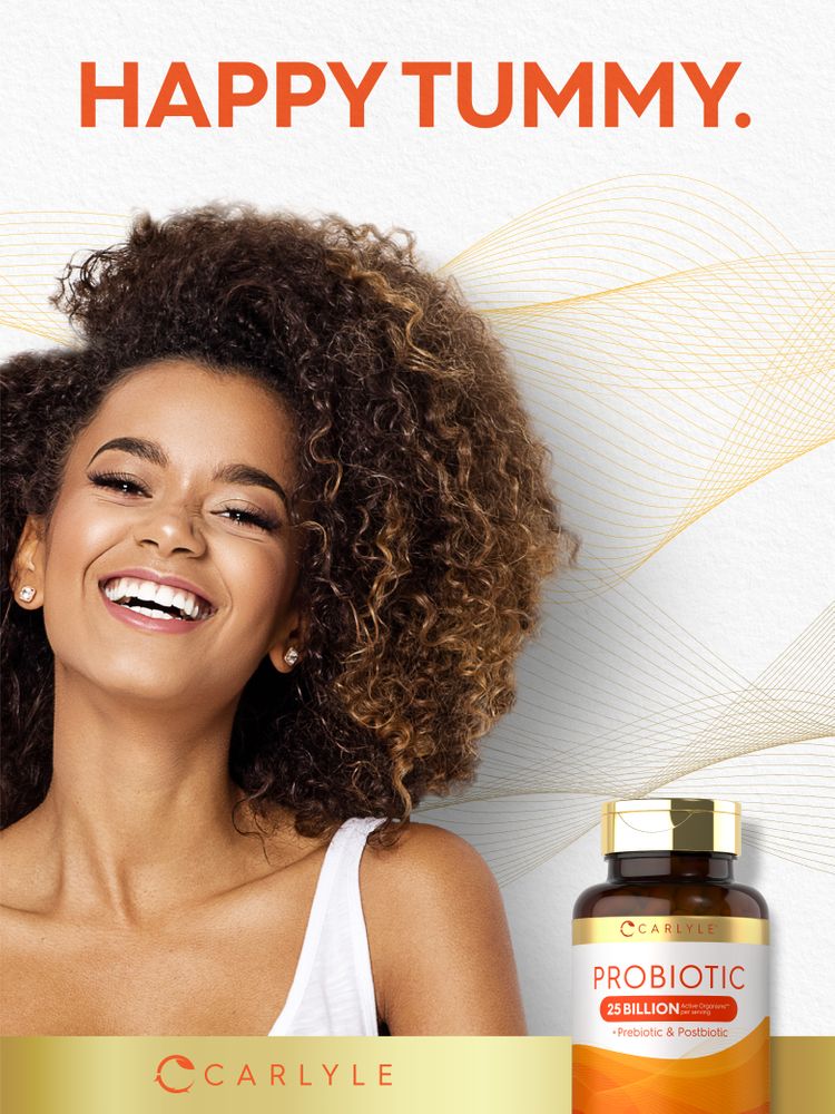 A young woman with curly hair smiles brightly next to a bottle of Probiotic.
