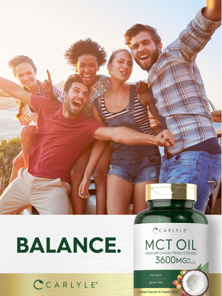 Young adults enjoy the outdoors, smiling with a Carlyle MCT Oil bottle visible.