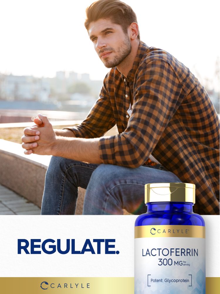 A hand holds a Carlyle Lactoferrin 300 MG bottle, highlighting its potent glycoprotein content for nutritional benefits.