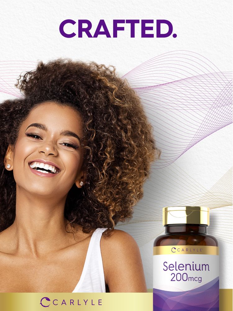 Young woman with curly hair smiling next to a Carlyle Selenium 200mcg bottle.