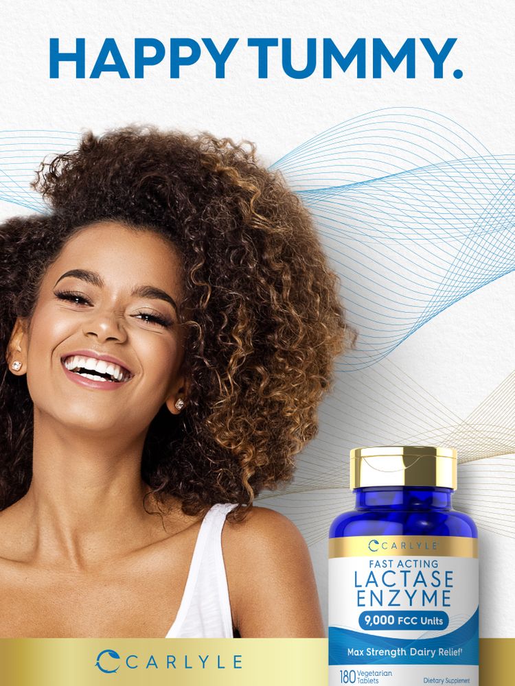 A young woman smiles beside a Carlyle Lactase Enzyme bottle with text 'HAPPY TUMMY.'