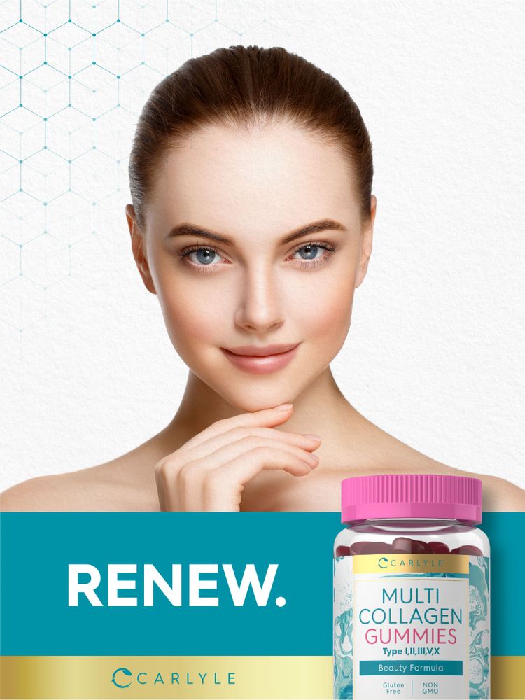 Carlyle Multi Collagen Gummies include Types I, II, III, V, X for beauty, are gluten-free, and non-GMO.