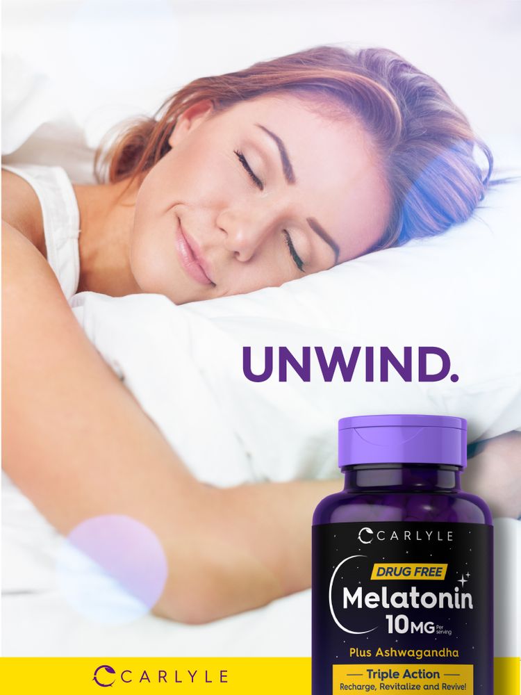A young adult woman sleeps peacefully next to a Carlyle Melatonin + Ashwagandha bottle.