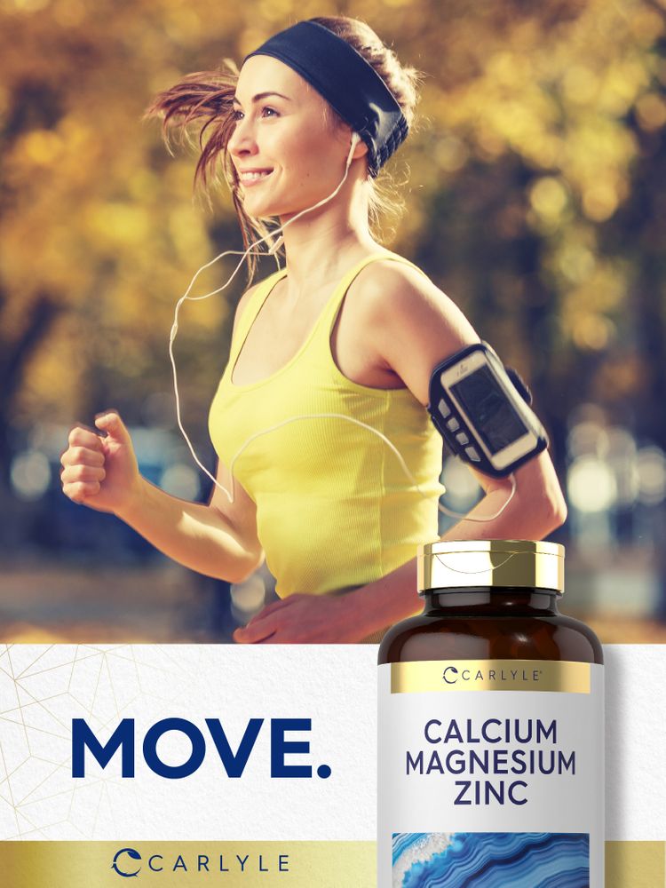 A young woman jogging outdoors holding a Carlyle Calcium Magnesium Zinc bottle.