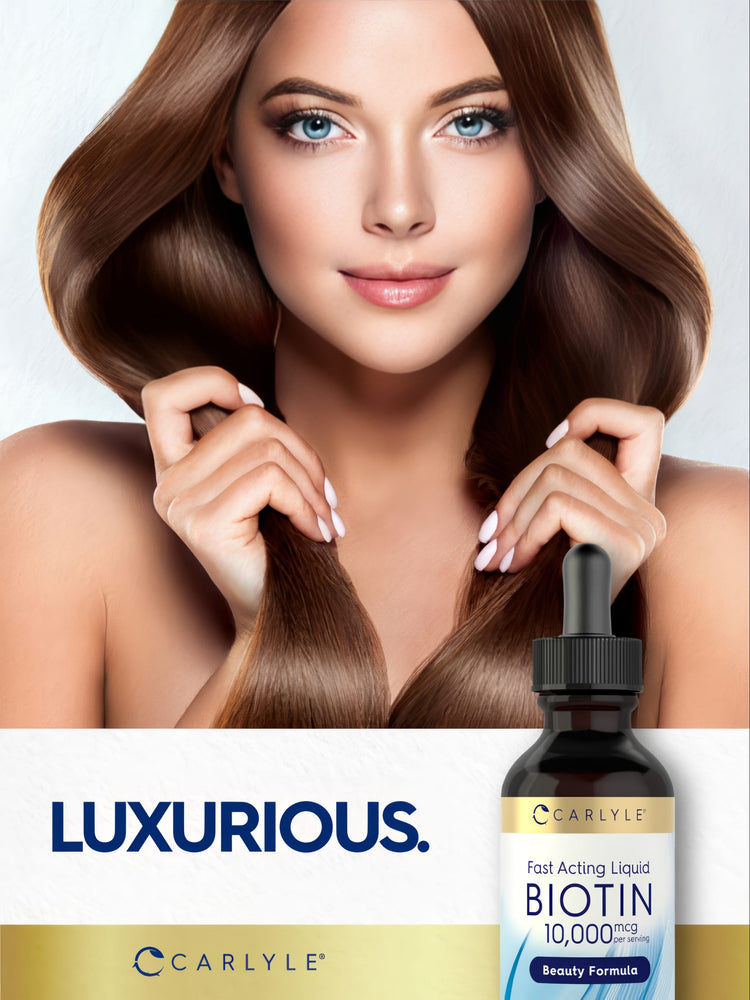 Woman holding her long, brown hair with a bottle of Carlyle Fast Acting Liquid Biotin 10,000 mcg per serving.