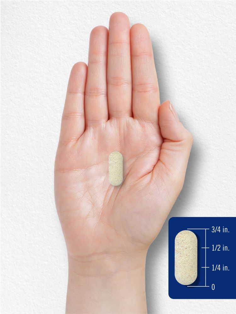 A hand holds an oblong tablet, featuring an inset that displays the length as 5/8 inch.