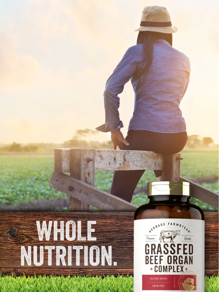 Bottle of Grassfed Beef Organ Complex containing 200 capsules on a scale, labeled 'hand scale', suitable for bulk purchases.