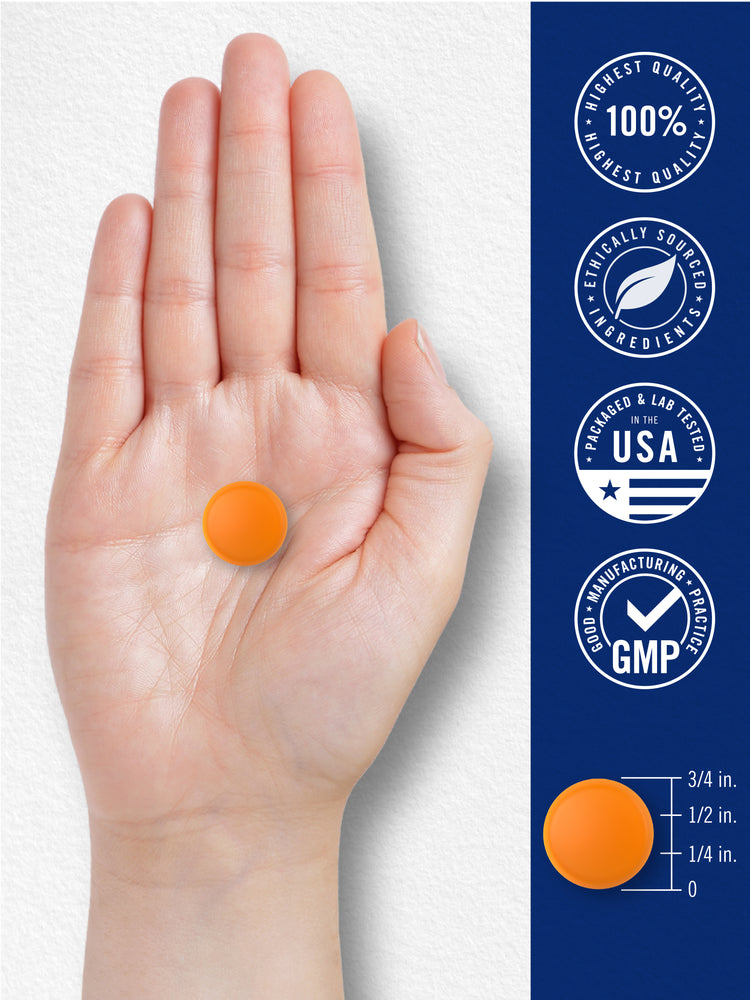 Hand holding an orange CL NAD gummy next to a graphic indicating a 3/4 inch diameter.