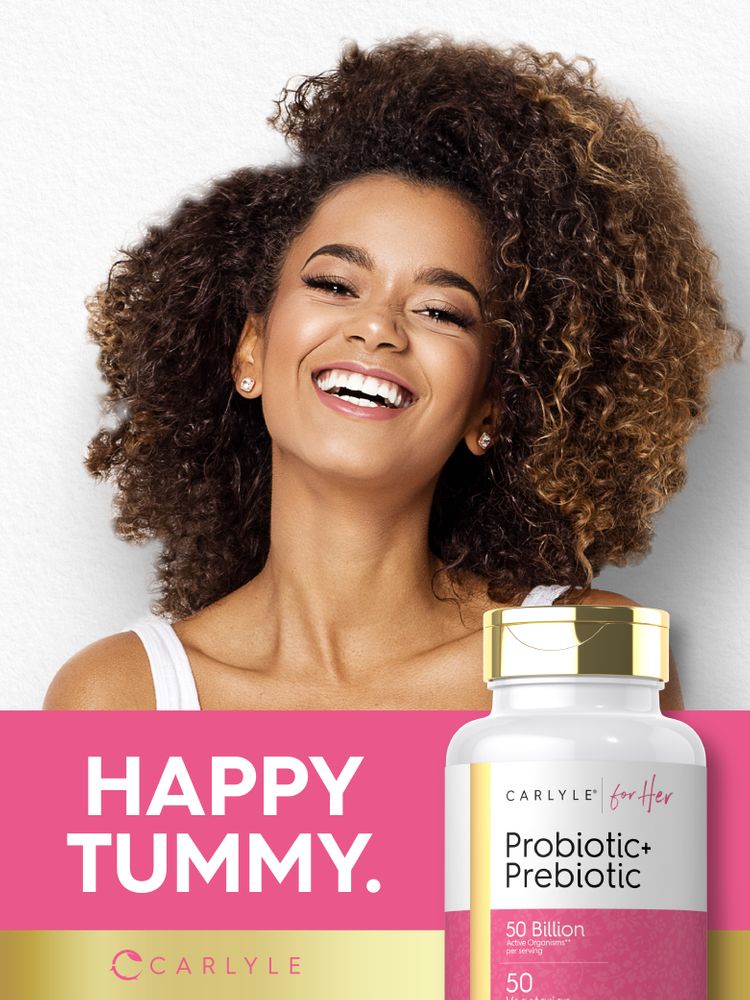 Carlyle for Her Probiotic+ Prebiotic with 50 vegetarian capsules shown on a hand scale for size comparison.