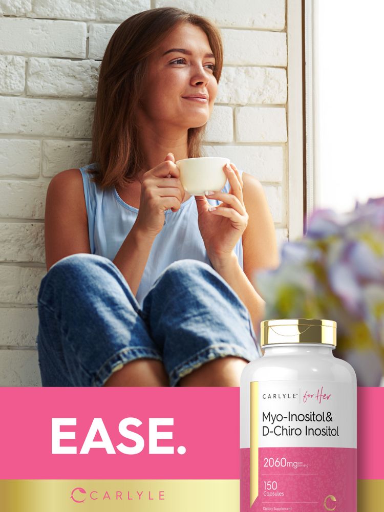 Young woman sitting and holding a cup next to a Carlyle Myo-Inositol & D-Chiro Inositol bottle.