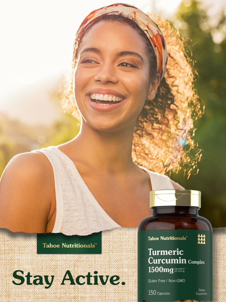 Hand holding Tahoe Turmeric Curcumin Complex bottle, 150 capsules, 1500mg equivalent per serving.